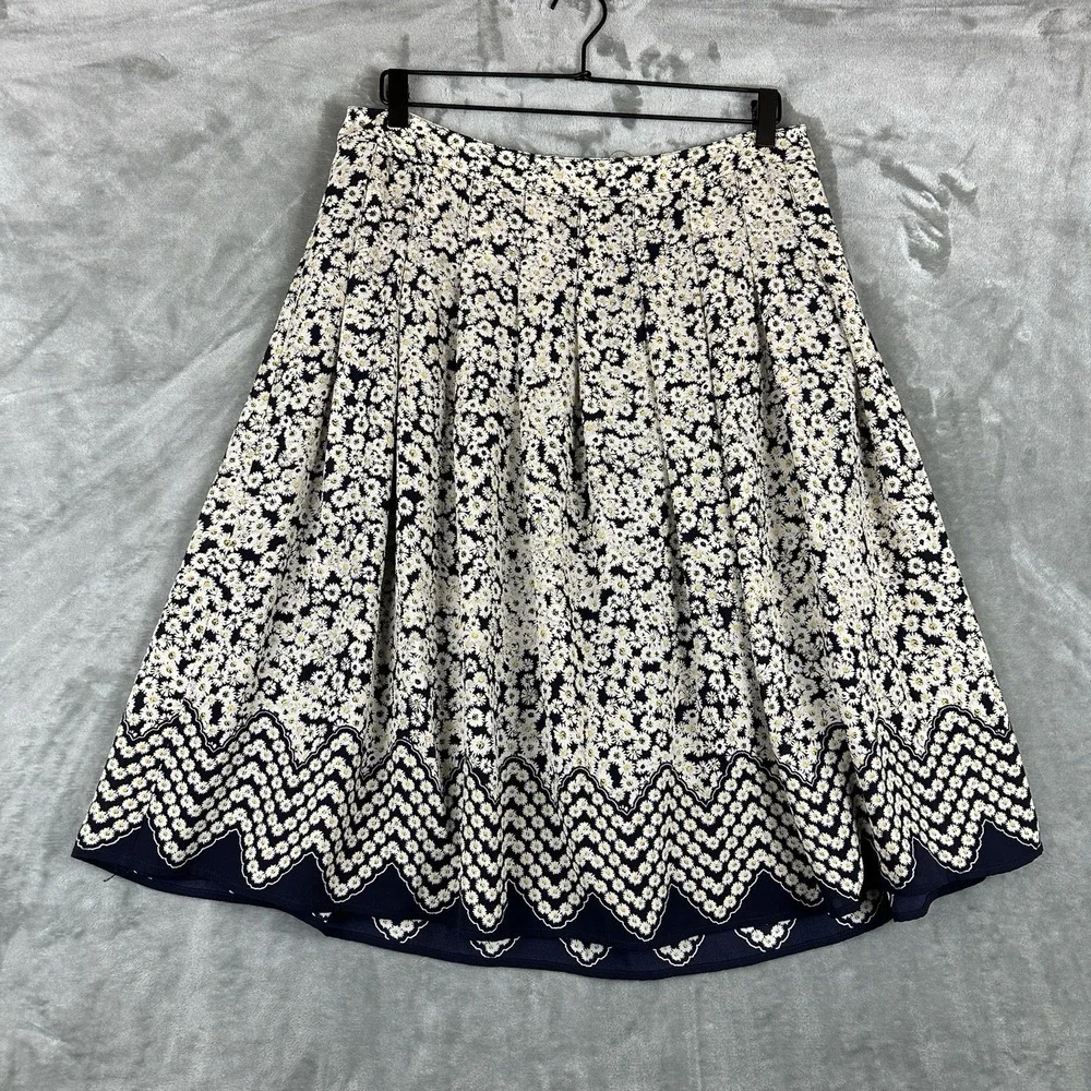 Talbots Pleated Skirt Women's 10 Blue w/ White Yellow Daisy Print A-Line Lined